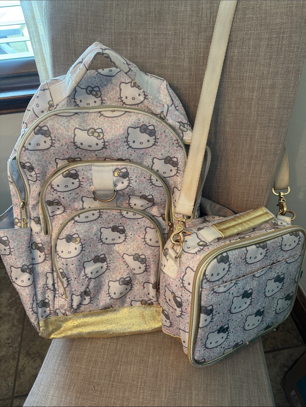 Pottery Barn Teen Hello Kitty Pink and Gold Backpack with Matching Lunch Box